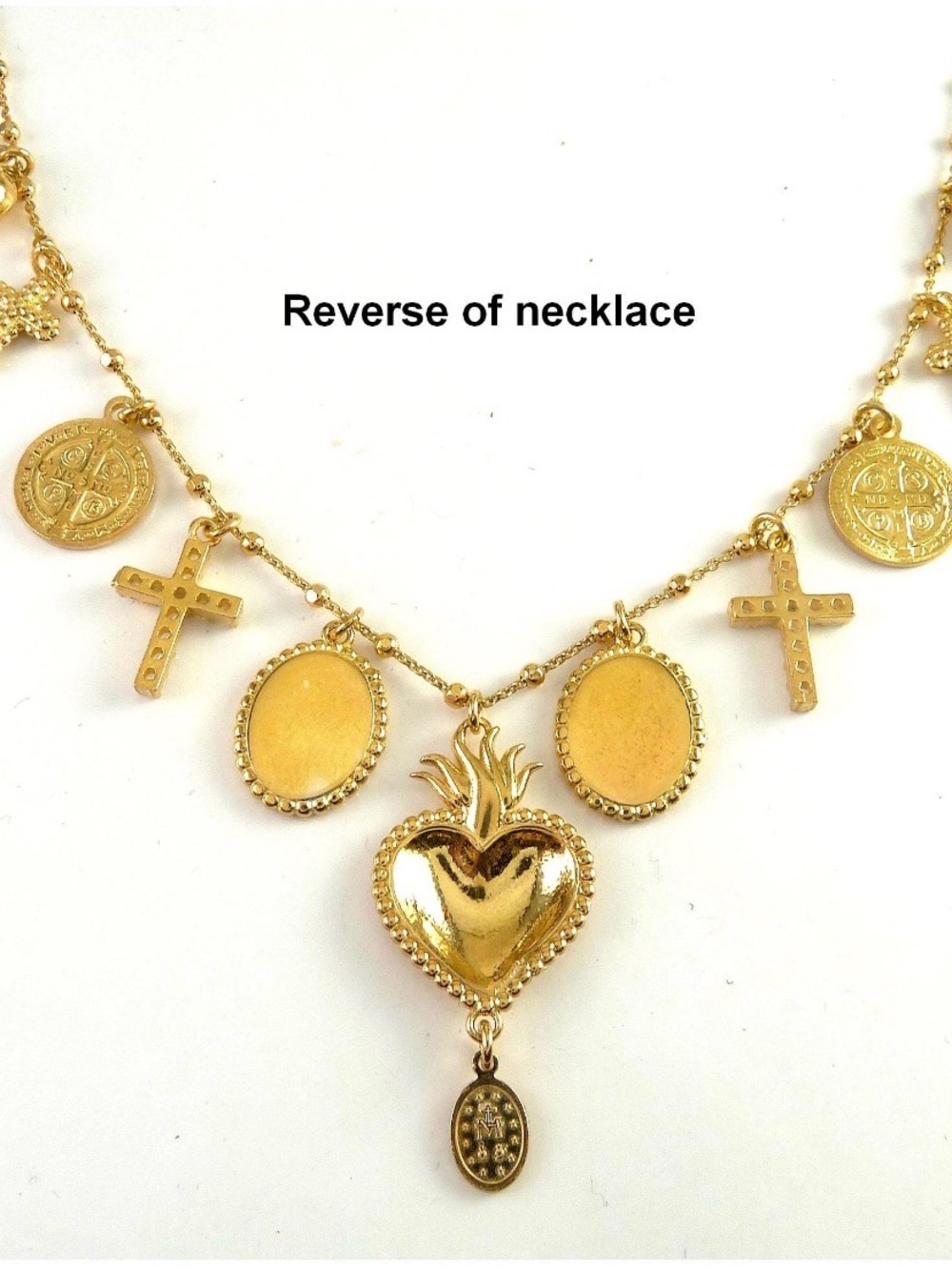 Gold Sacred Heart Charm Necklace with Coin and Crystal Cross Pendants - Picture 6 of 9